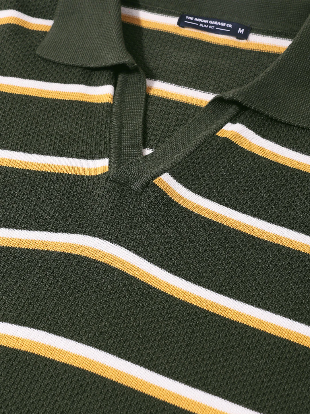 Men's Green Slim Fit Striped Flat Knit T-Shirt - Image 3