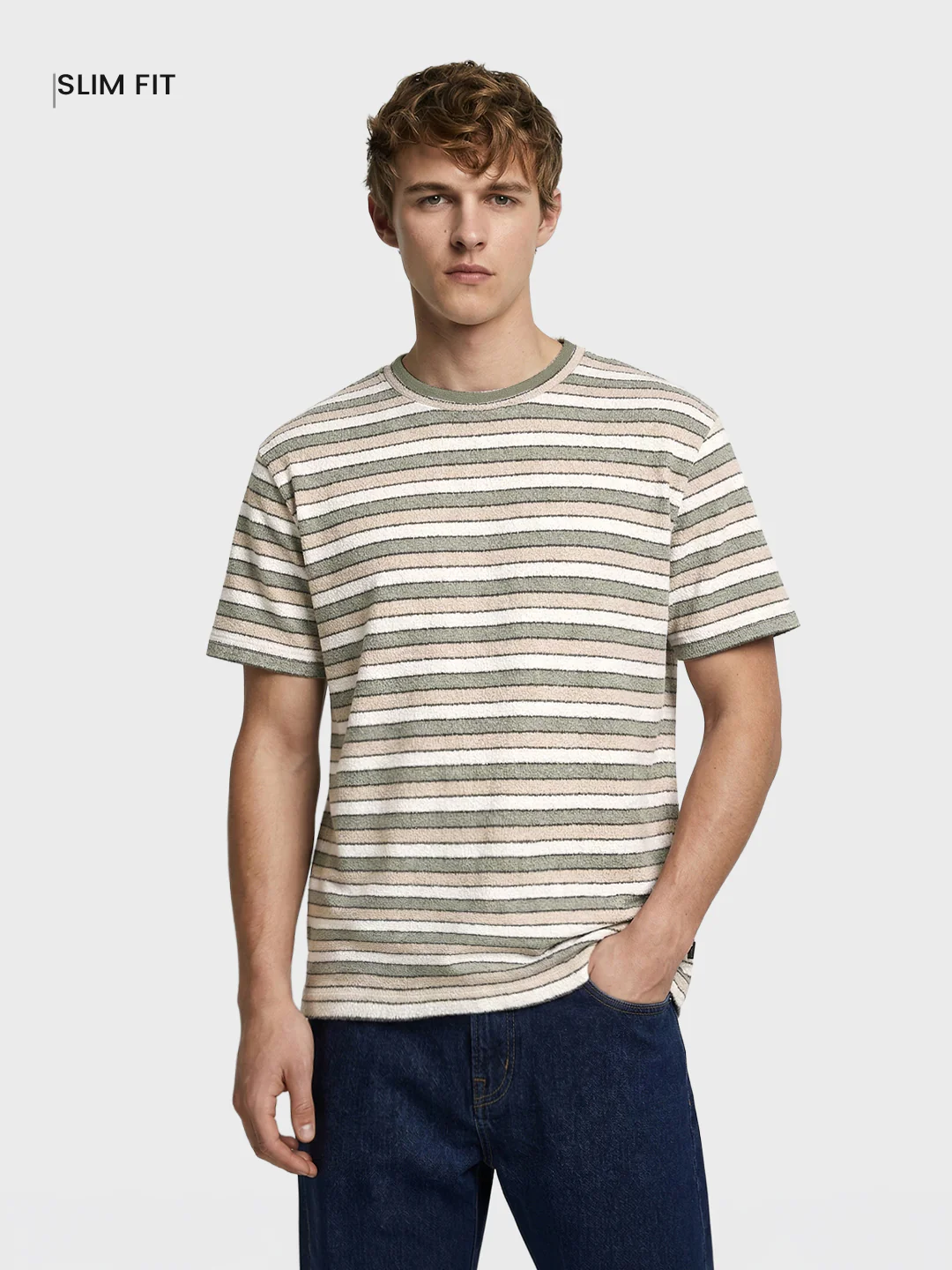 Men's Green Slim Fit Striped Casual T-Shirt - Image 2