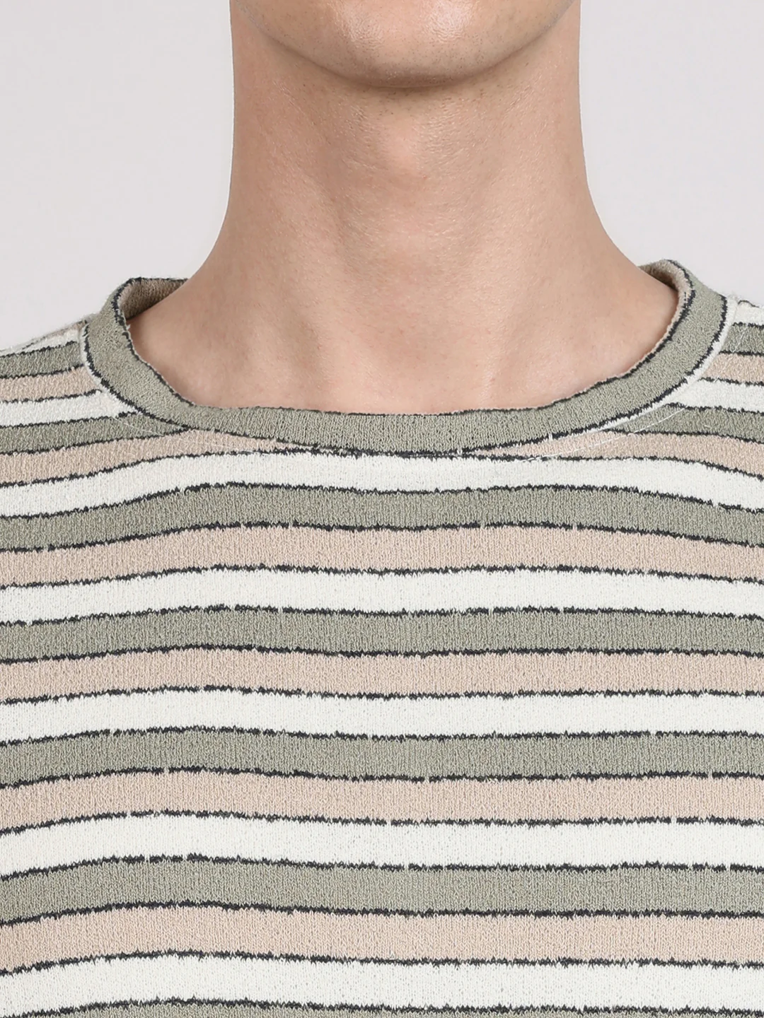 Men's Green Slim Fit Striped Casual T-Shirt - Image 3