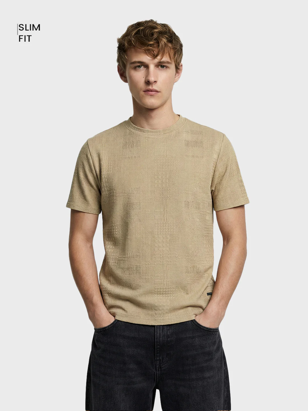Men's Green Olive Fit Textured Casual T-Shirt - Image 2