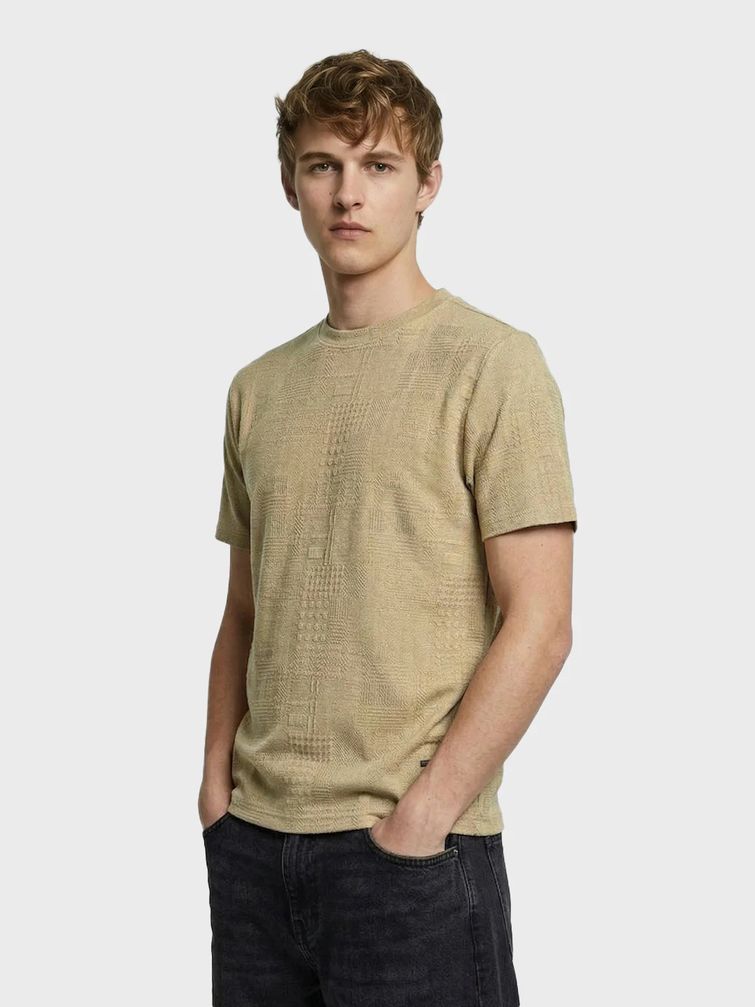Men's Green Olive Fit Textured Casual T-Shirt - Image 4