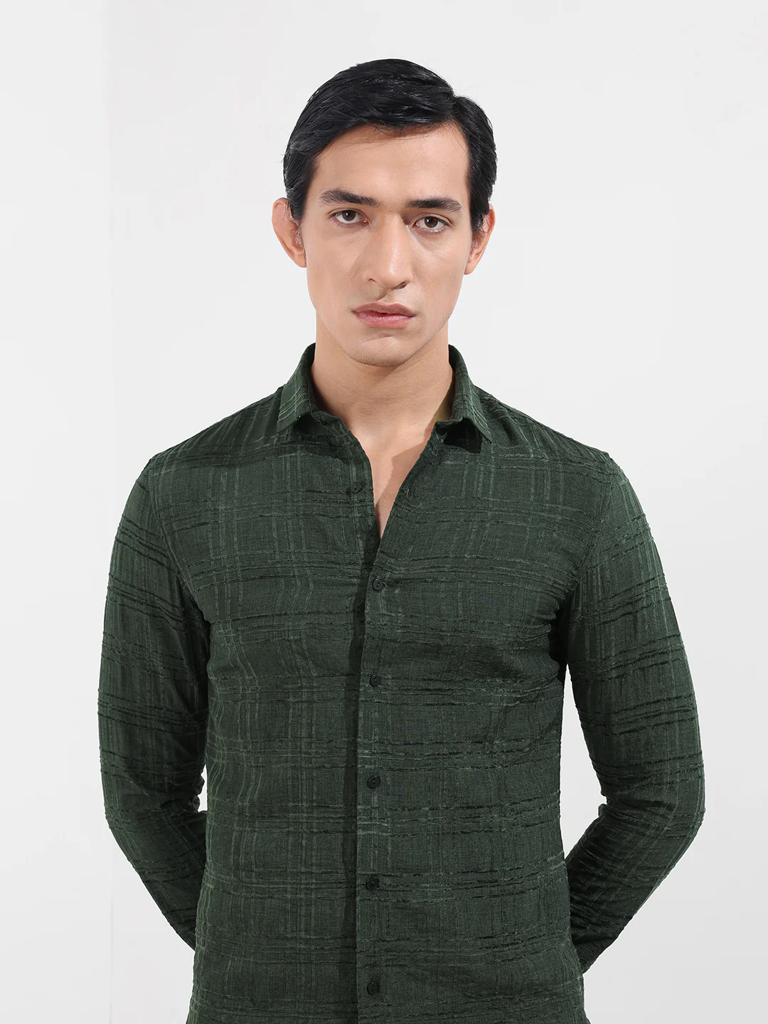 Men's Green Slim Fit Textured Party Wear Shirt - Image 5