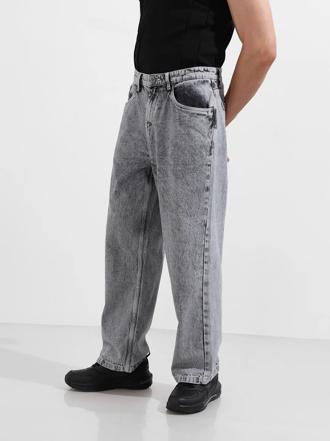 Men's Grey Baggy Fit Solid Casual Jeans - Image 3