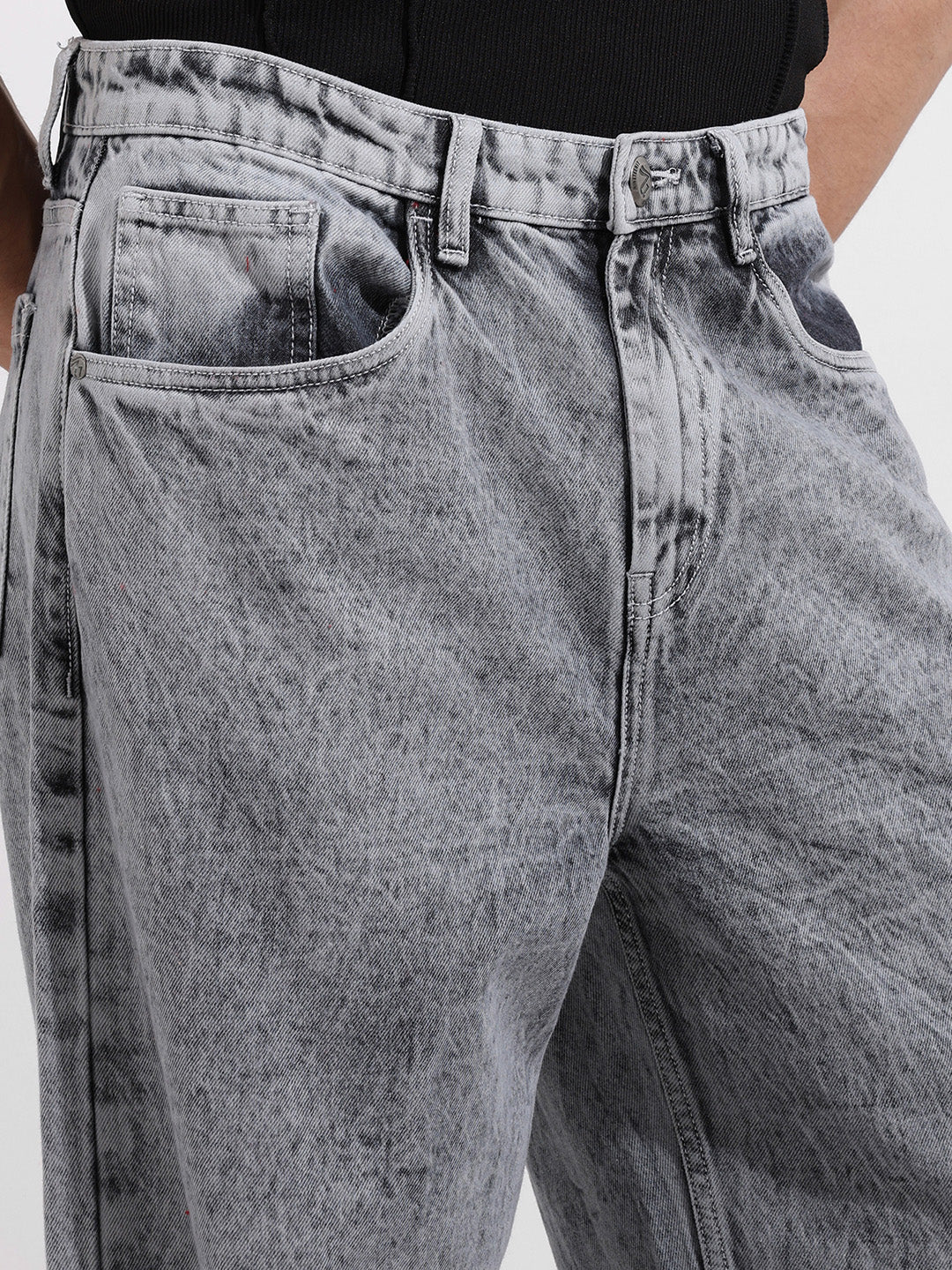 Men's Grey Baggy Fit Solid Casual Jeans - Image 4