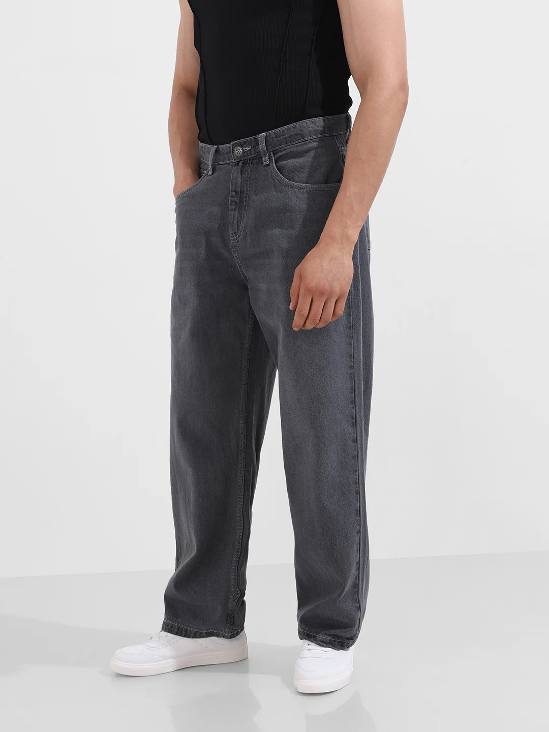 Men's Grey Baggy Fit Solid Casual Jeans - Image 3