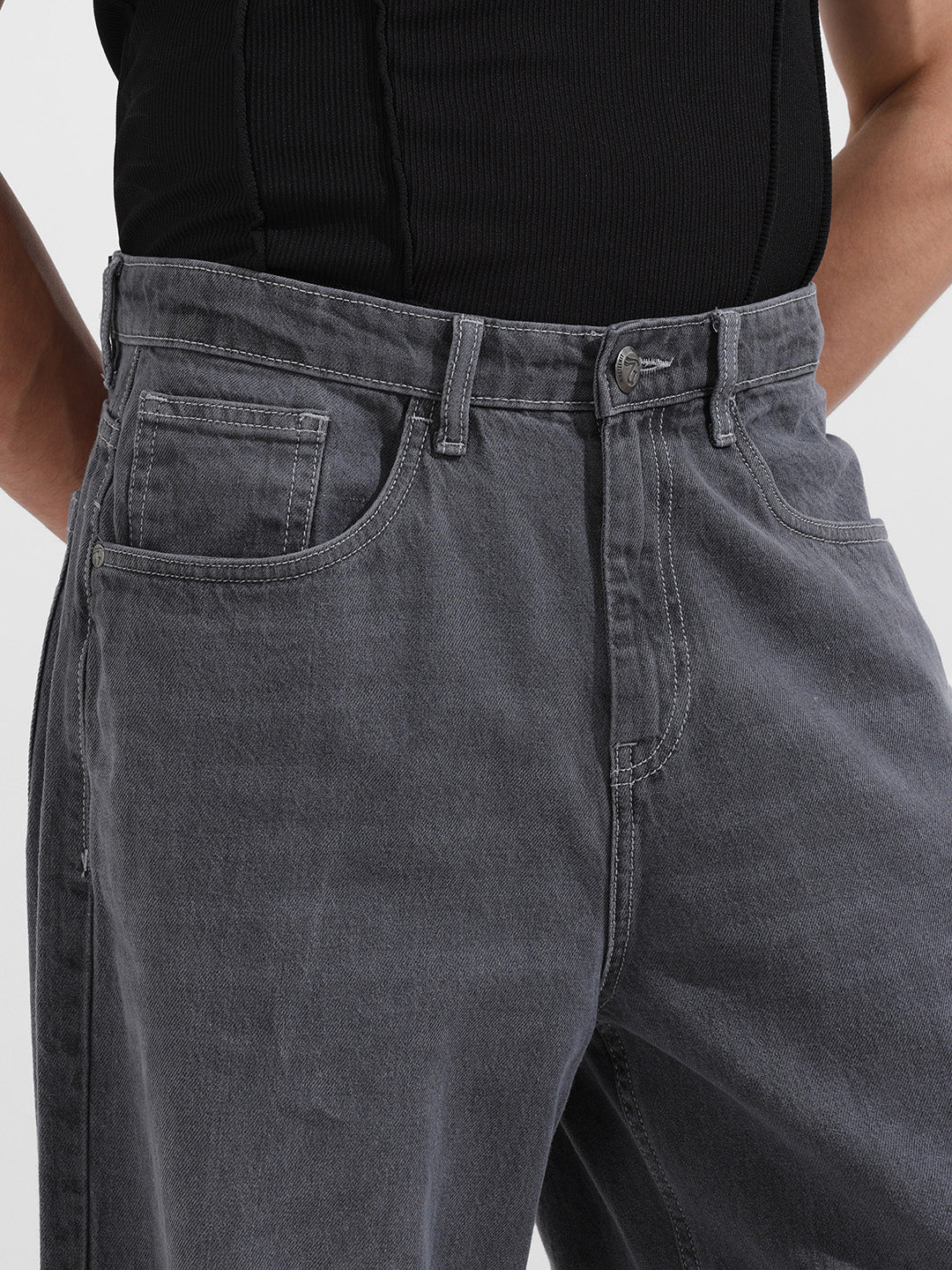 Men's Grey Baggy Fit Solid Casual Jeans - Image 4