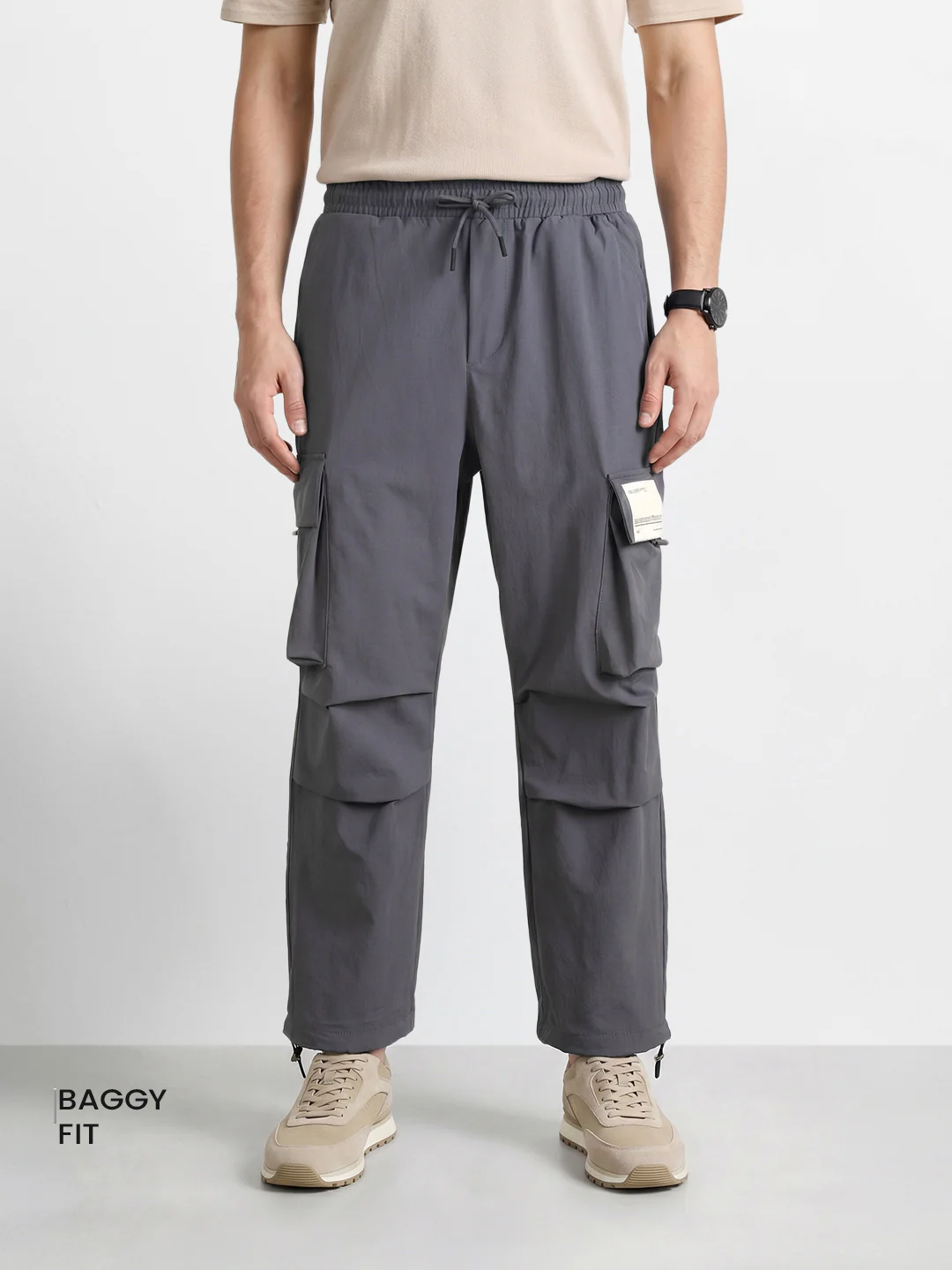 Men's Grey Baggy Fit Solid Utility Cargo - Image 2