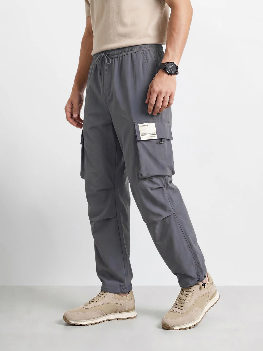 Men's Grey Baggy Fit Solid Utility Cargo - Image 3