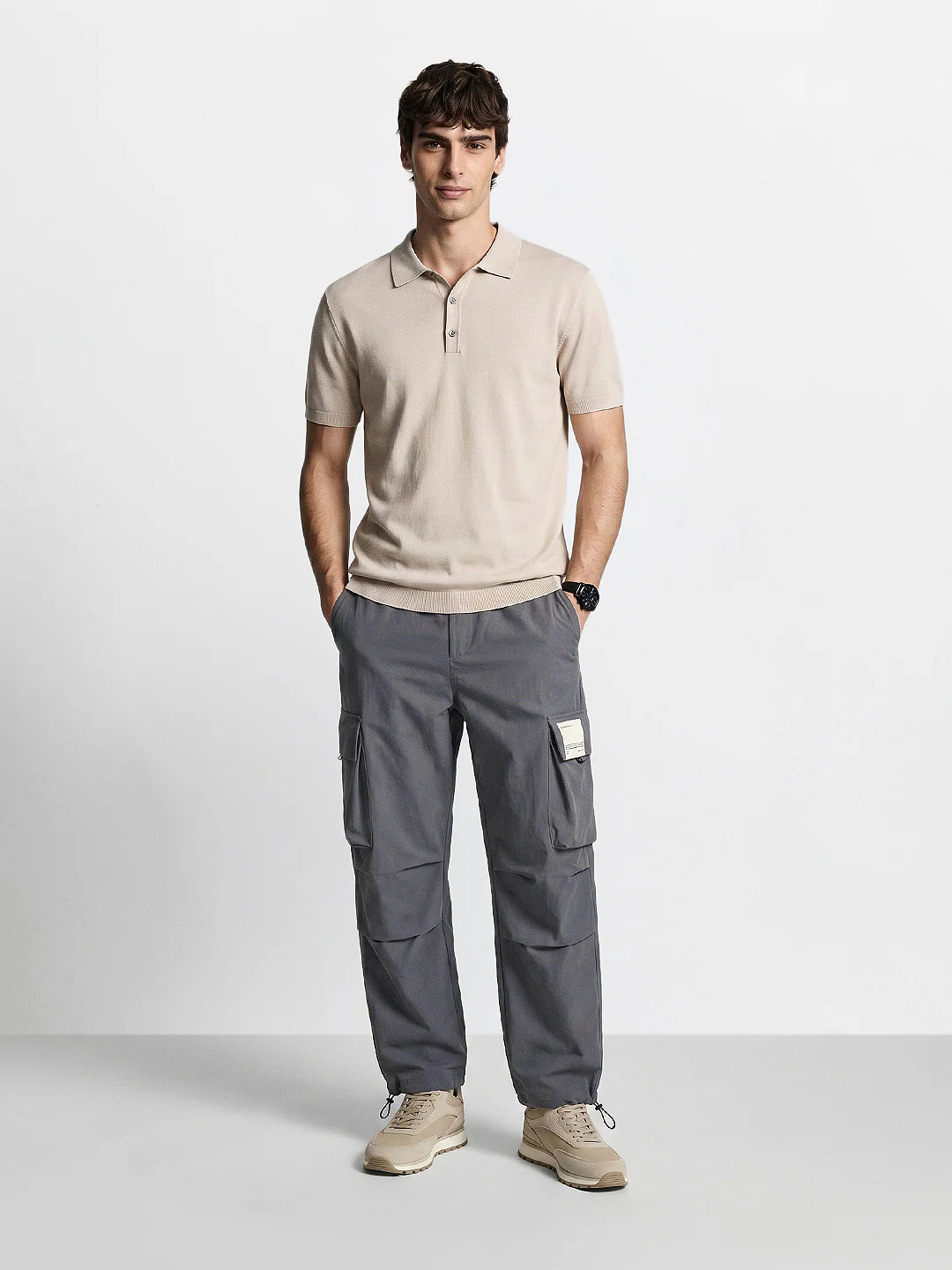 Men's Grey Baggy Fit Solid Utility Cargo - Image 5
