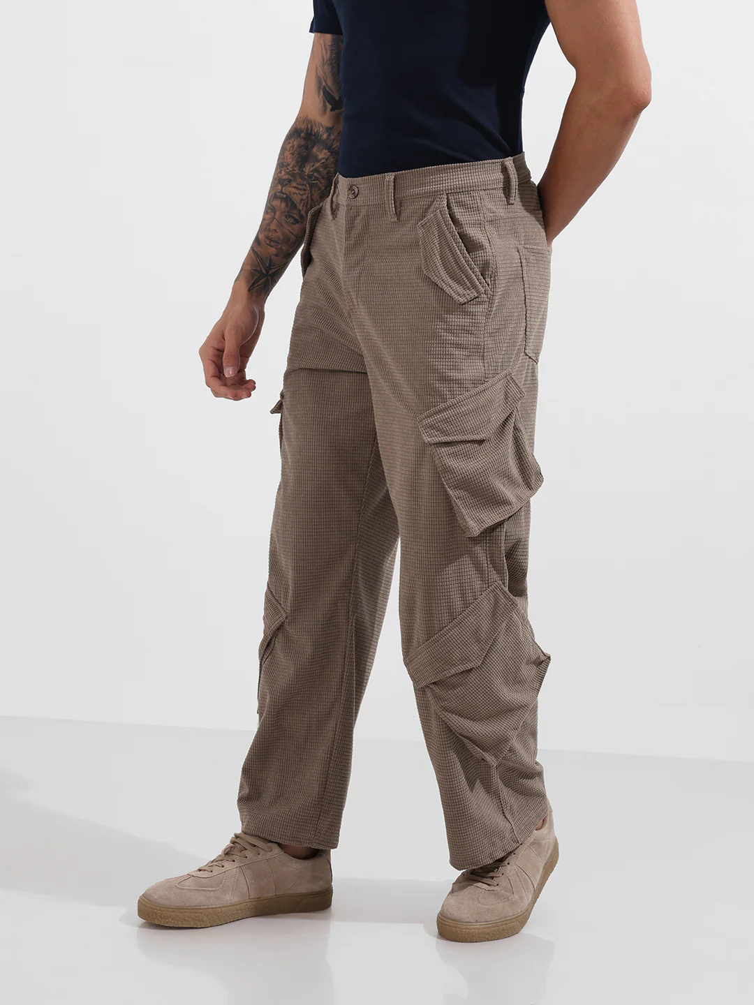 Men's Grey Baggy Fit Textured Utility Cargo - Image 3