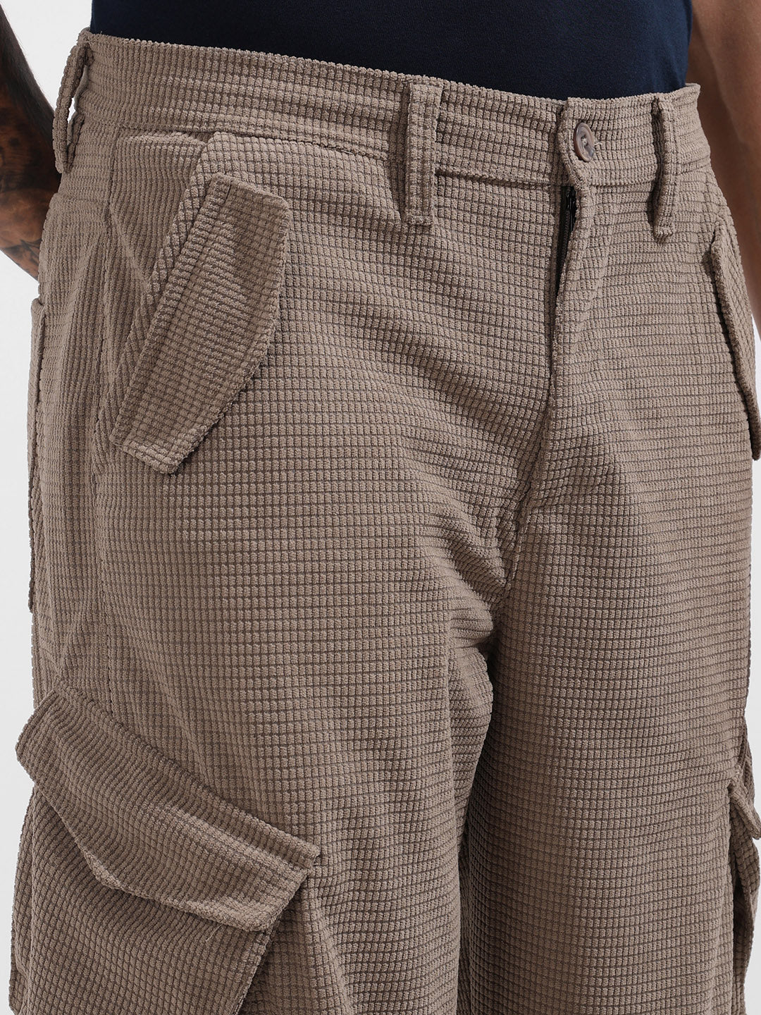 Men's Grey Baggy Fit Textured Utility Cargo - Image 4