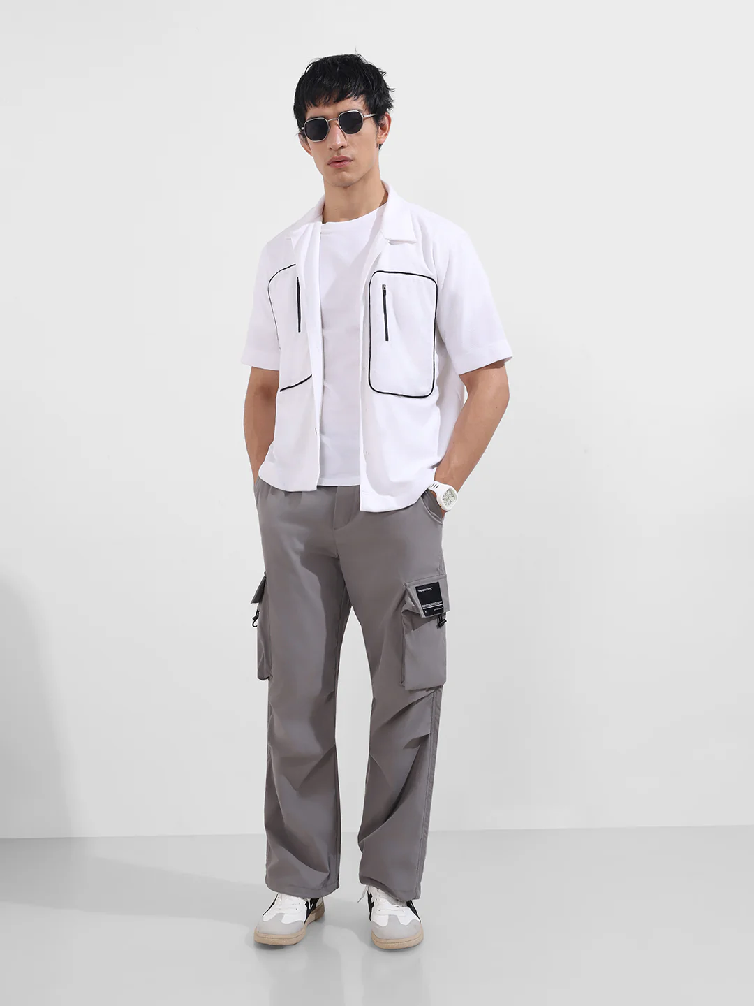 Men's Grey Baggy Fit Textured Utility Cargo - Image 2