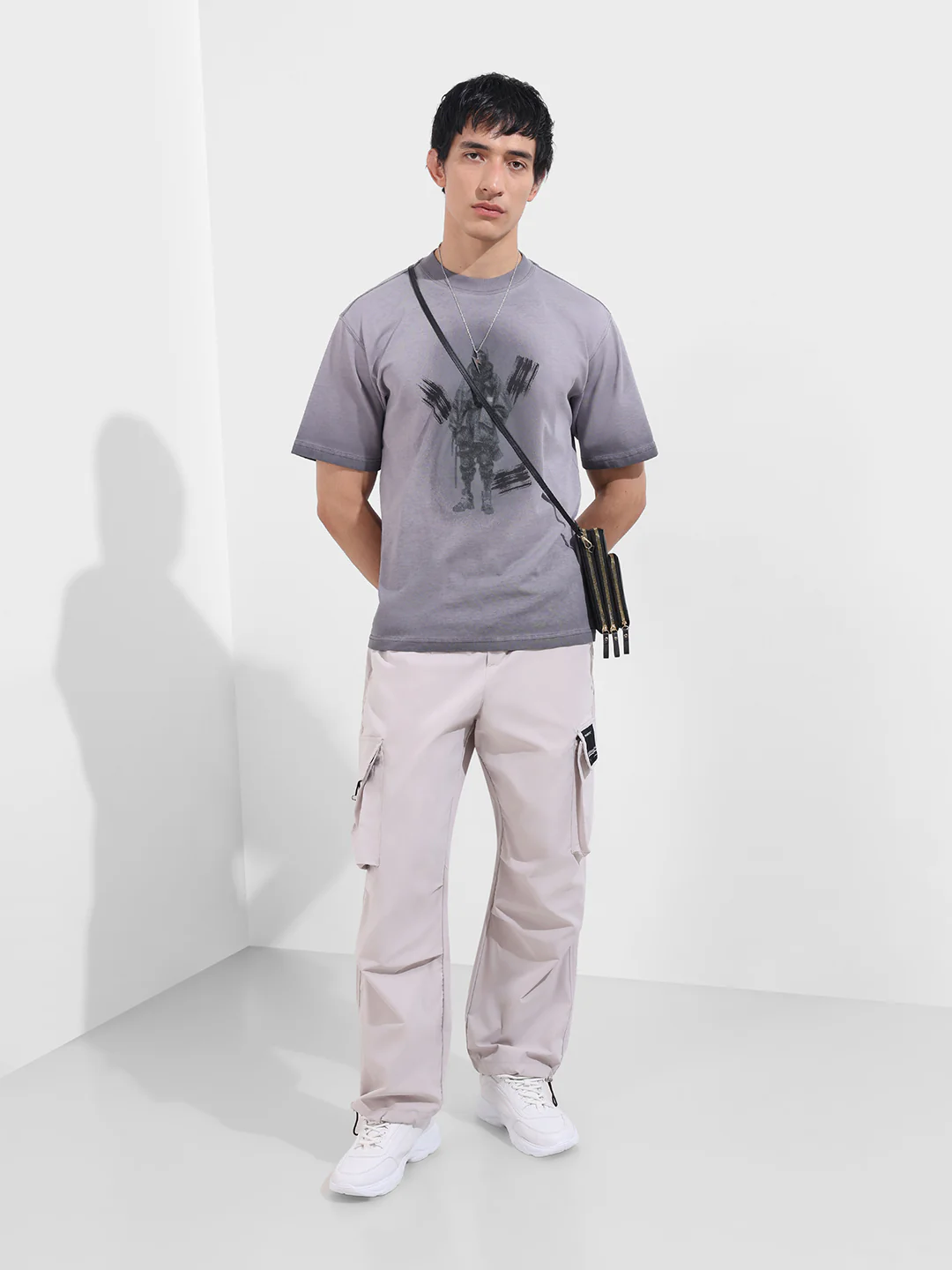 Men's Ice Grey Baggy Fit Textured Utility Cargo - Image 2