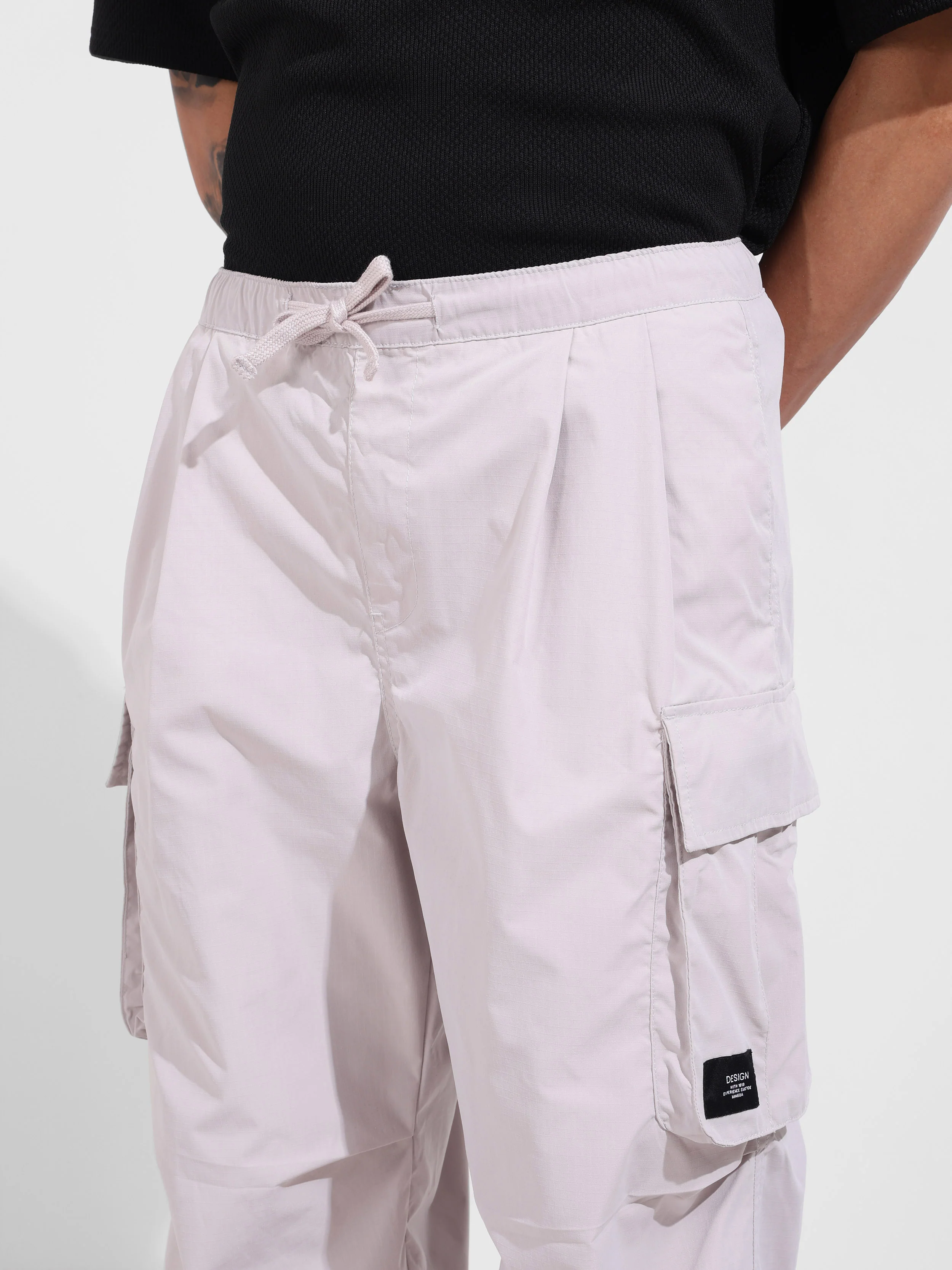 Men's Grey Baggy Fit Textured Utility Joggers - Image 5