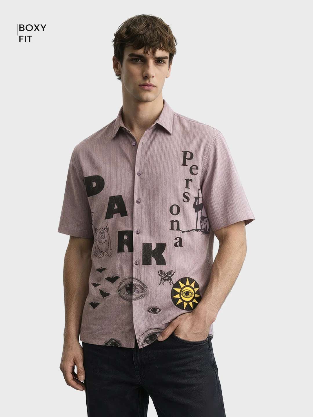 Men's Grey Boxy Fit Graphic Printed Casual Shirt - Image 2