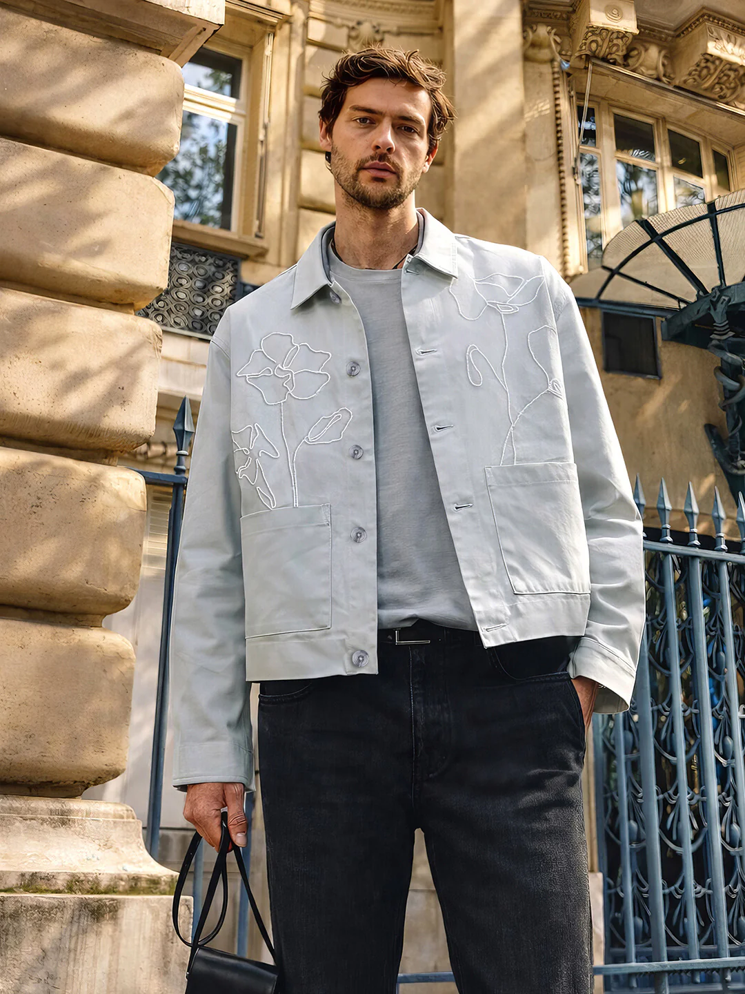 Men's Grey Boxy Fit Embroided Casual Jacket - Image 5