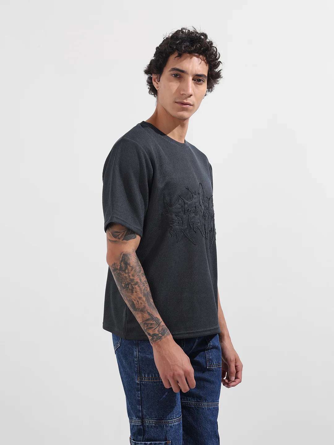 Men's Grey Boxy Fit Textured Casual T-Shirt - Image 3