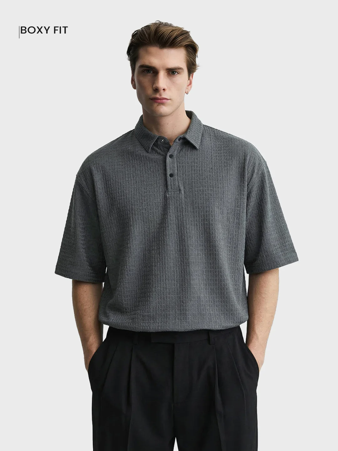 Men's Grey Boxy Fit Textured Casual T-Shirt - Image 2