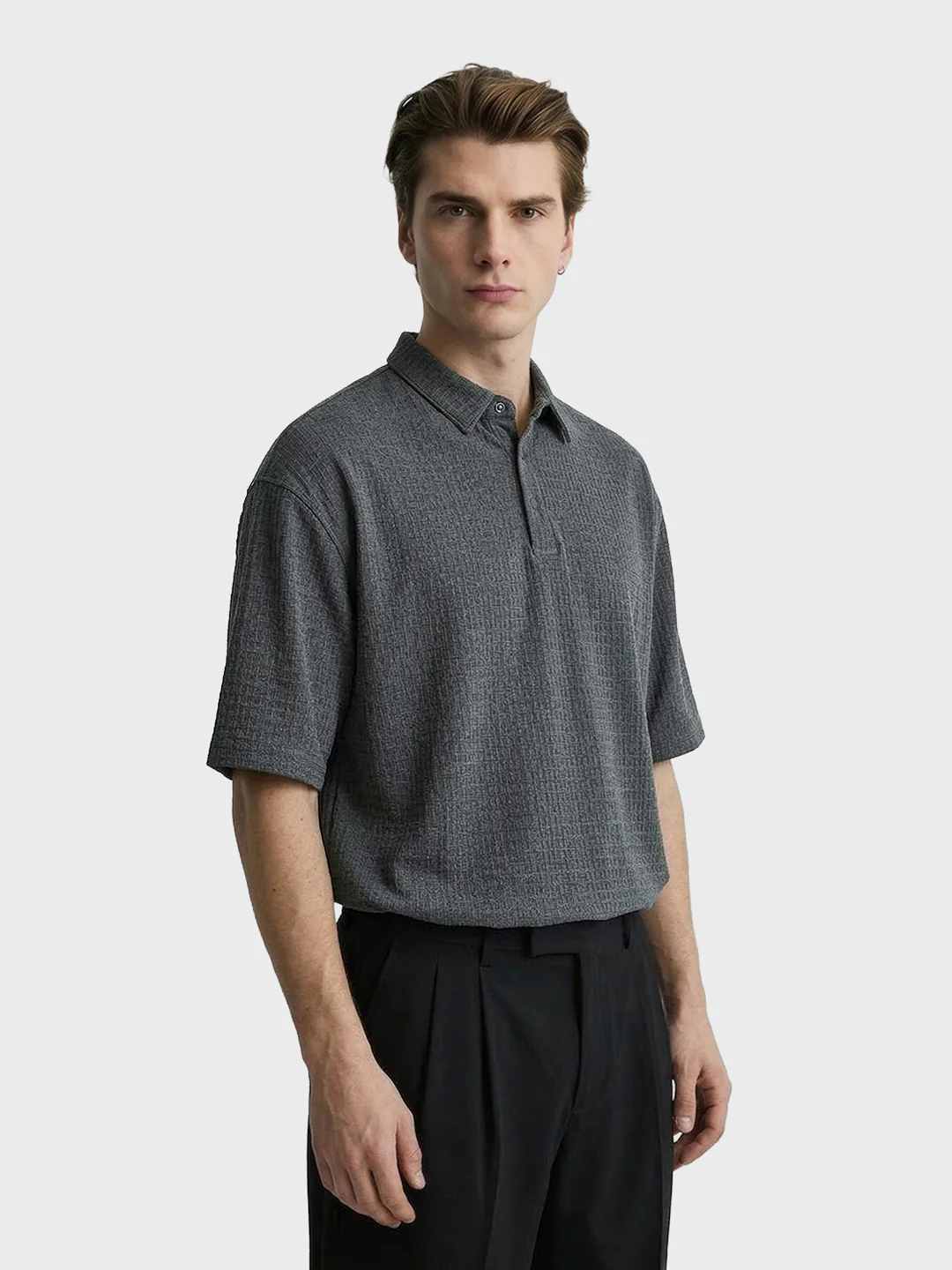 Men's Grey Boxy Fit Textured Casual T-Shirt - Image 3