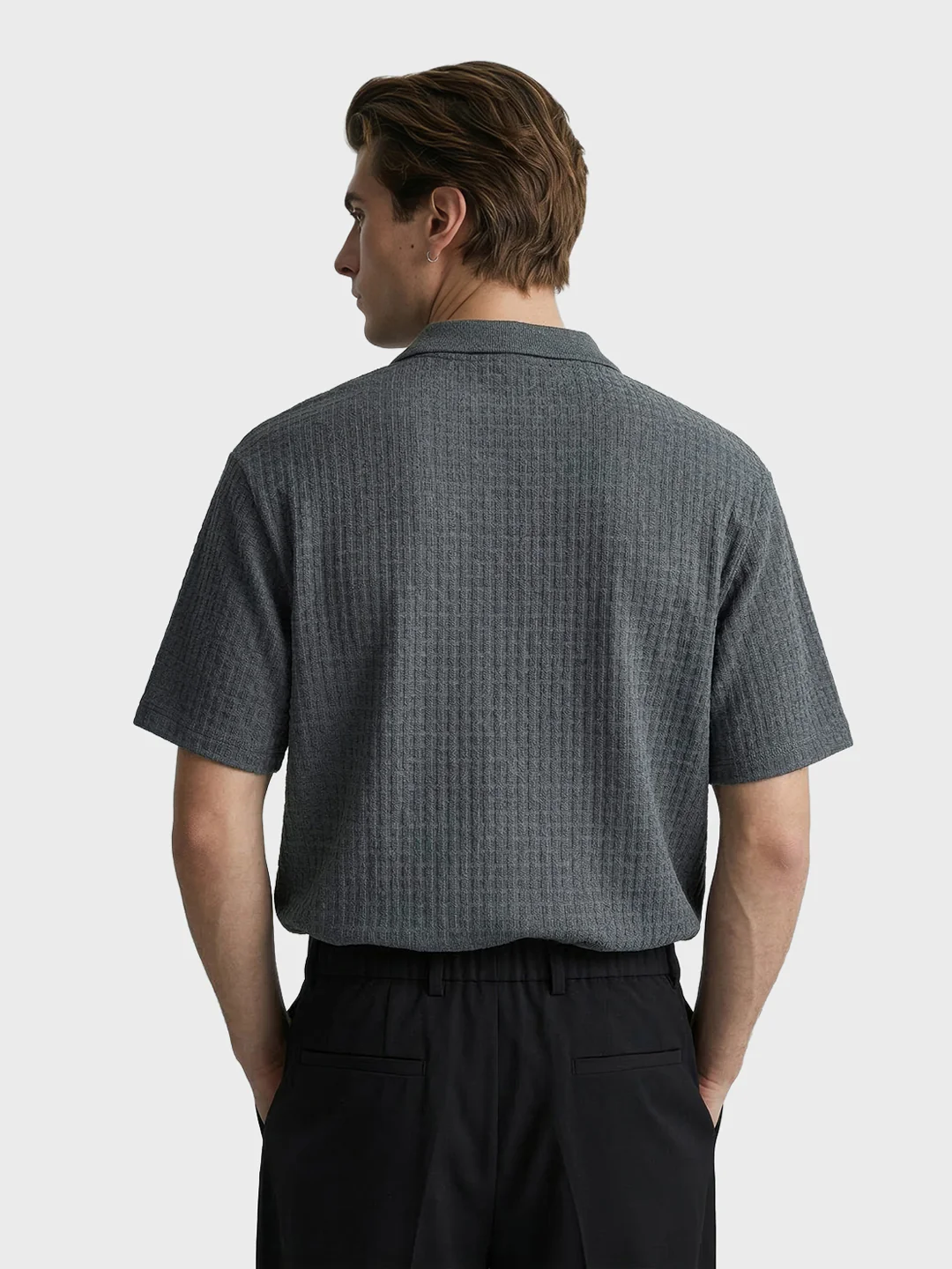 Men's Grey Boxy Fit Textured Casual T-Shirt - Image 4