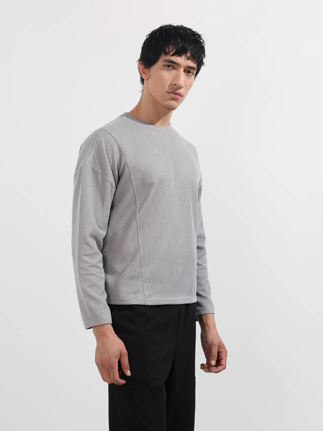Men's Grey Boxy Fit Textured Casual T-Shirt - Image 3