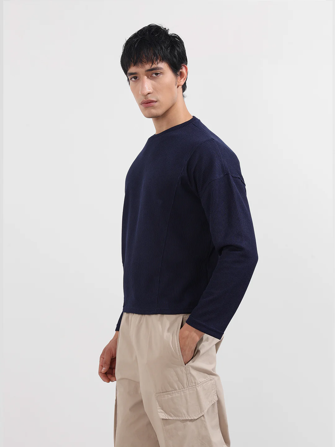 Men's Grey Boxy Fit Textured Casual T-Shirt - Image 3