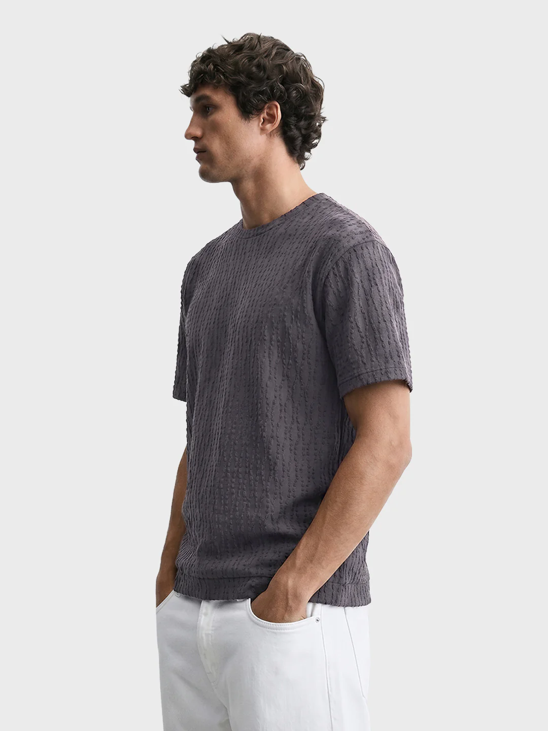 Men's Grey Boxy Fit Textured Resort Wear T-Shirt - Image 2