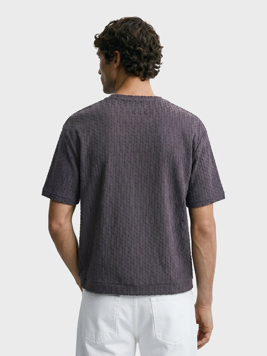 Men's Grey Boxy Fit Textured Resort Wear T-Shirt - Image 3