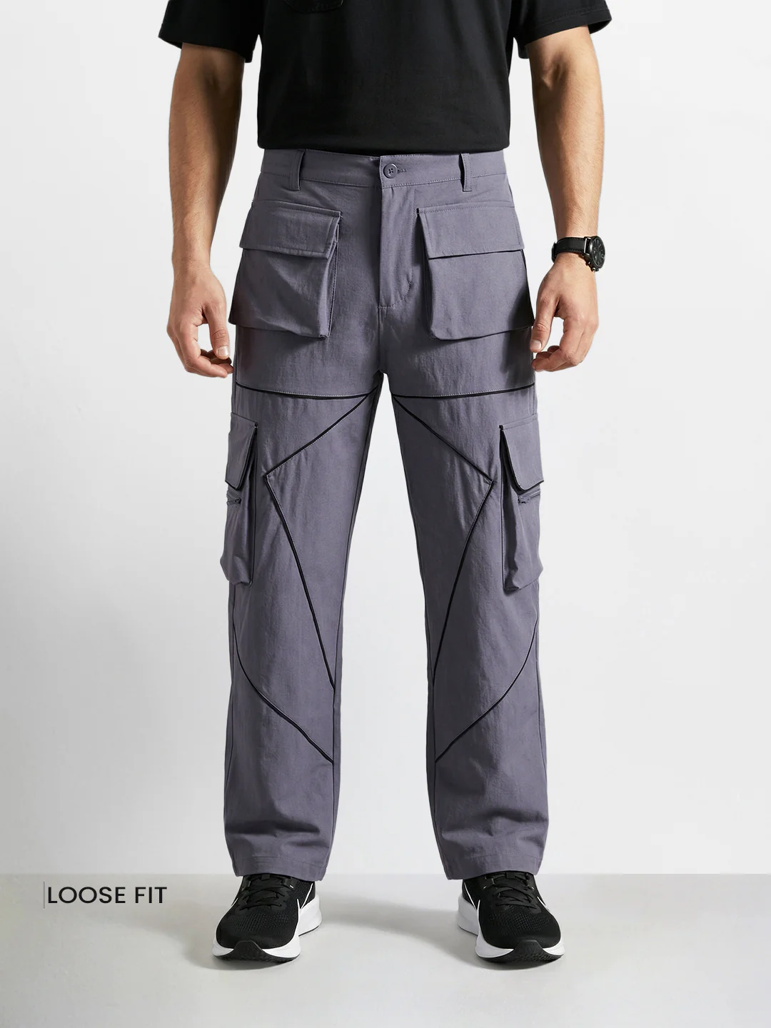 Men's Grey Loose Fit Solid Utility Cargo - Image 2