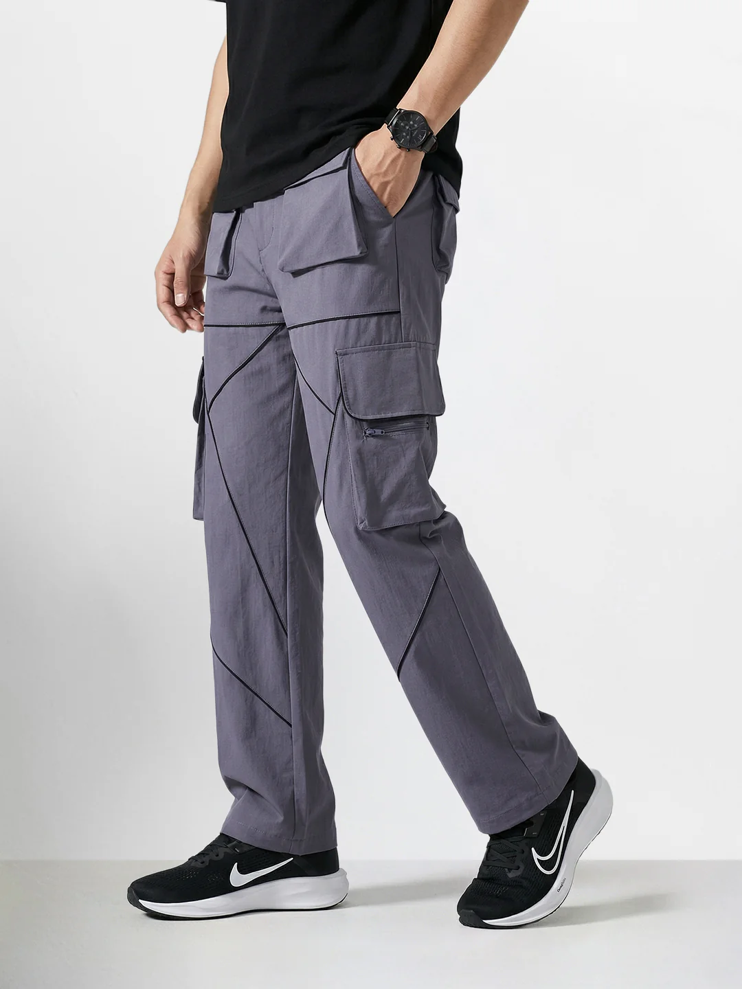 Men's Grey Loose Fit Solid Utility Cargo - Image 3