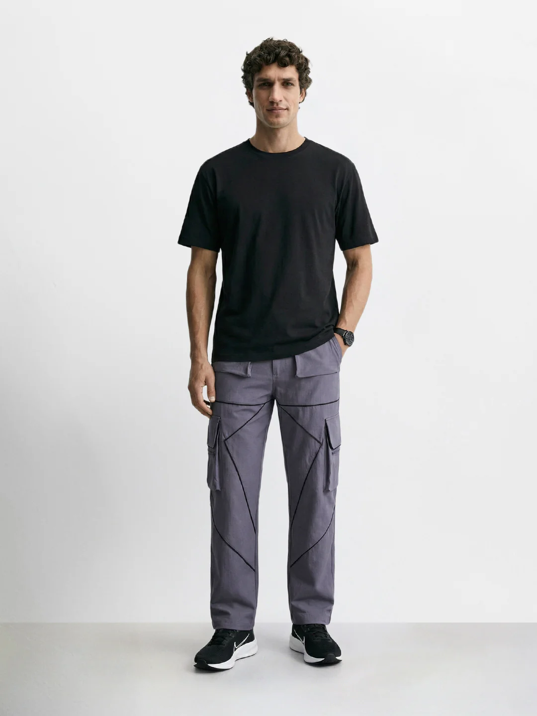 Men's Grey Loose Fit Solid Utility Cargo - Image 5