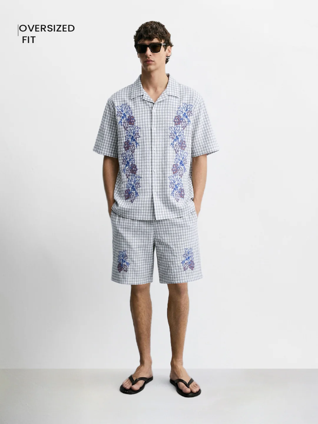 Men's Grey Oversized Fit Embroidered Resort Wear Coordinates - Image 2
