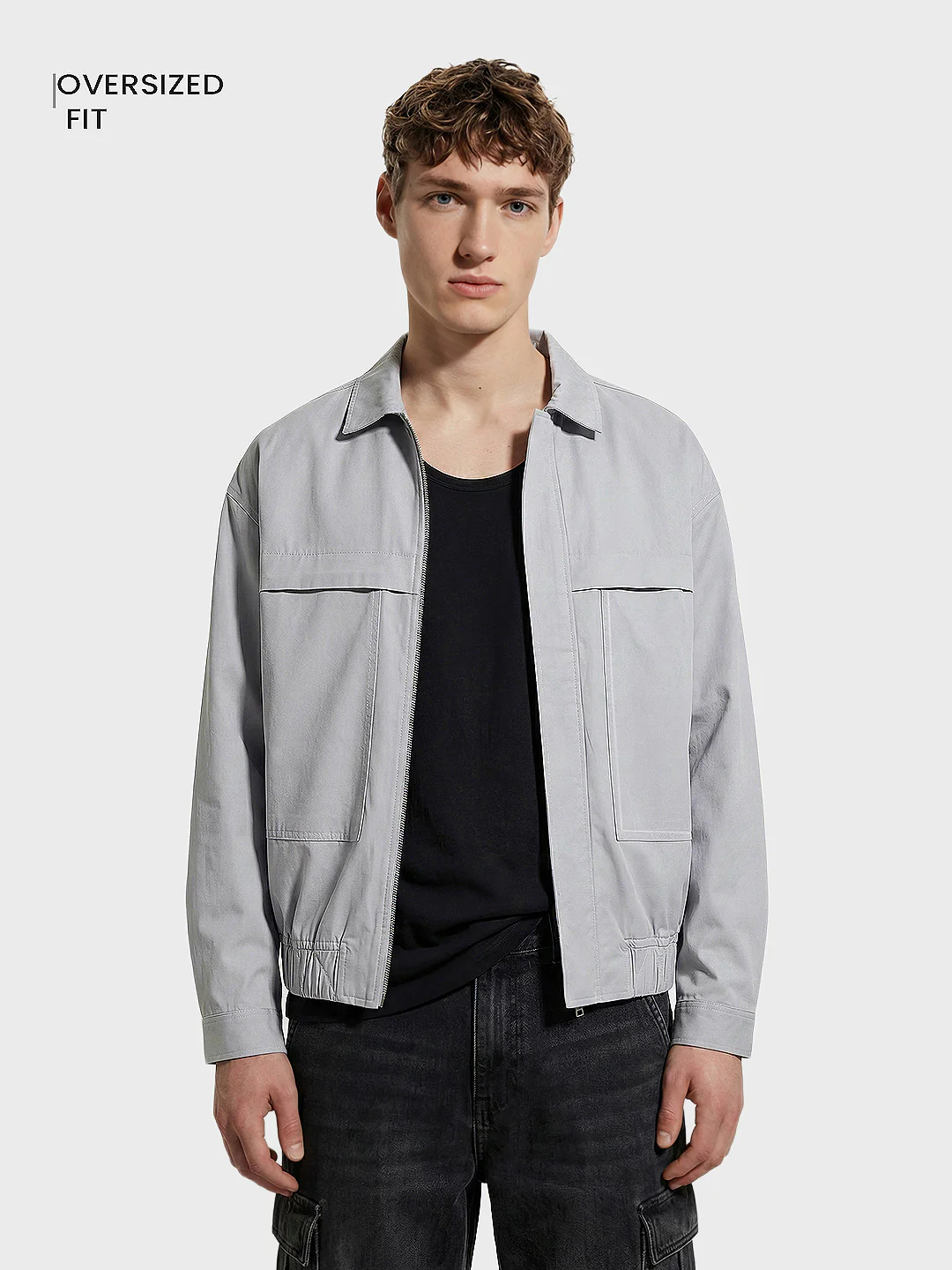 Men's Grey Oversized Fit Solid Casual Jacket - Image 2