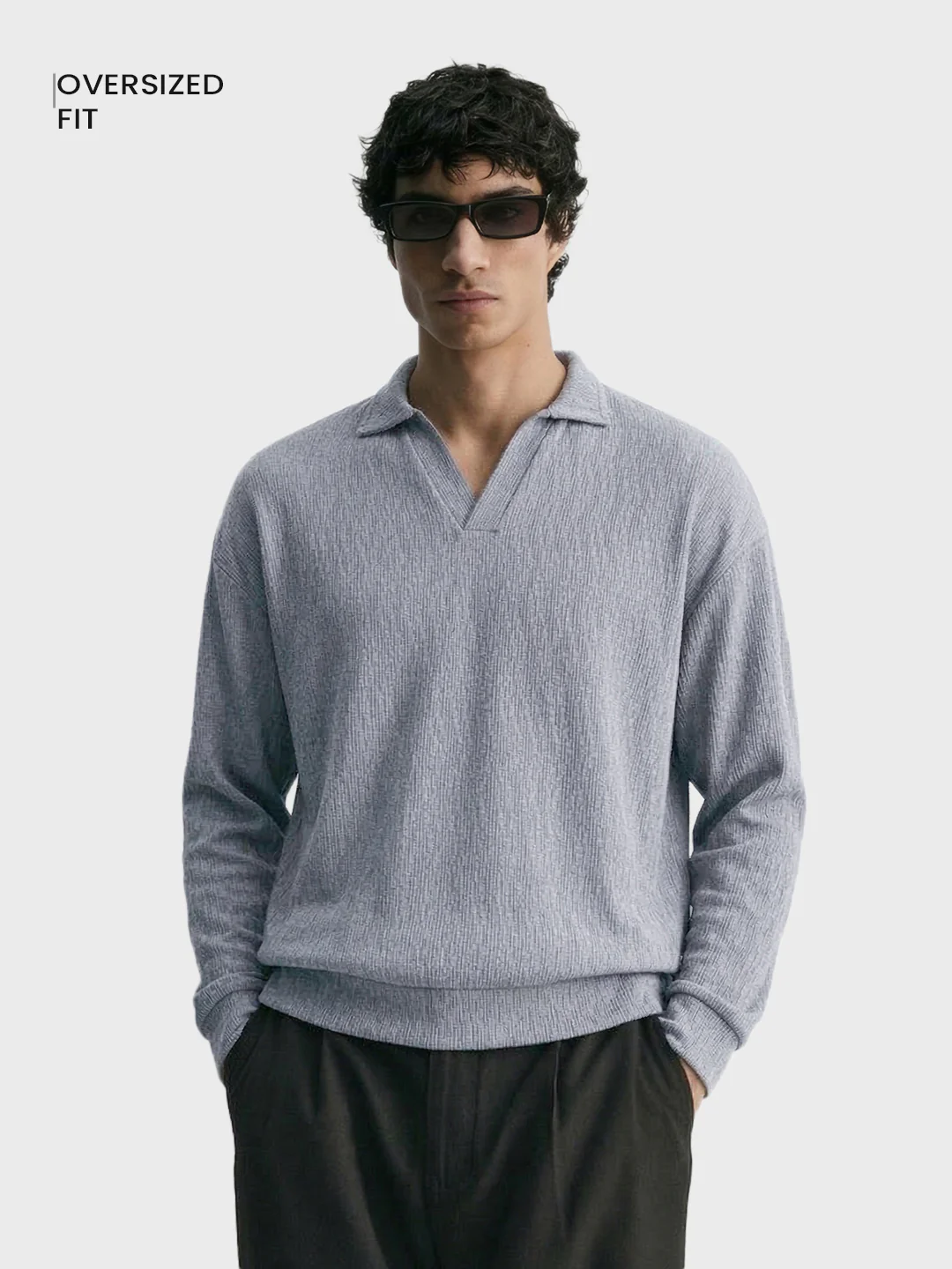 Men's Grey Oversized Fit Textured Casual T-Shirts - Image 2
