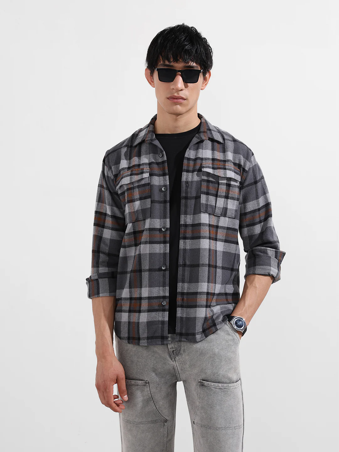 Men's Grey Regular Fit Checkered Casual Shirt - Image 2