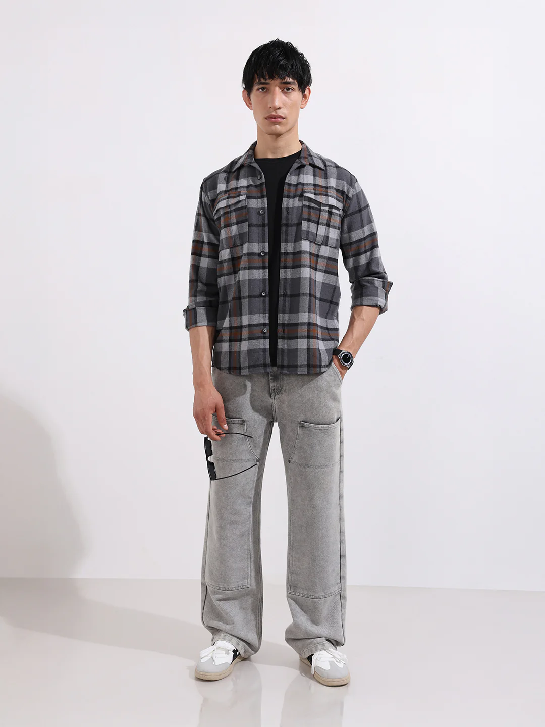 Men's Grey Regular Fit Checkered Casual Shirt - Image 3