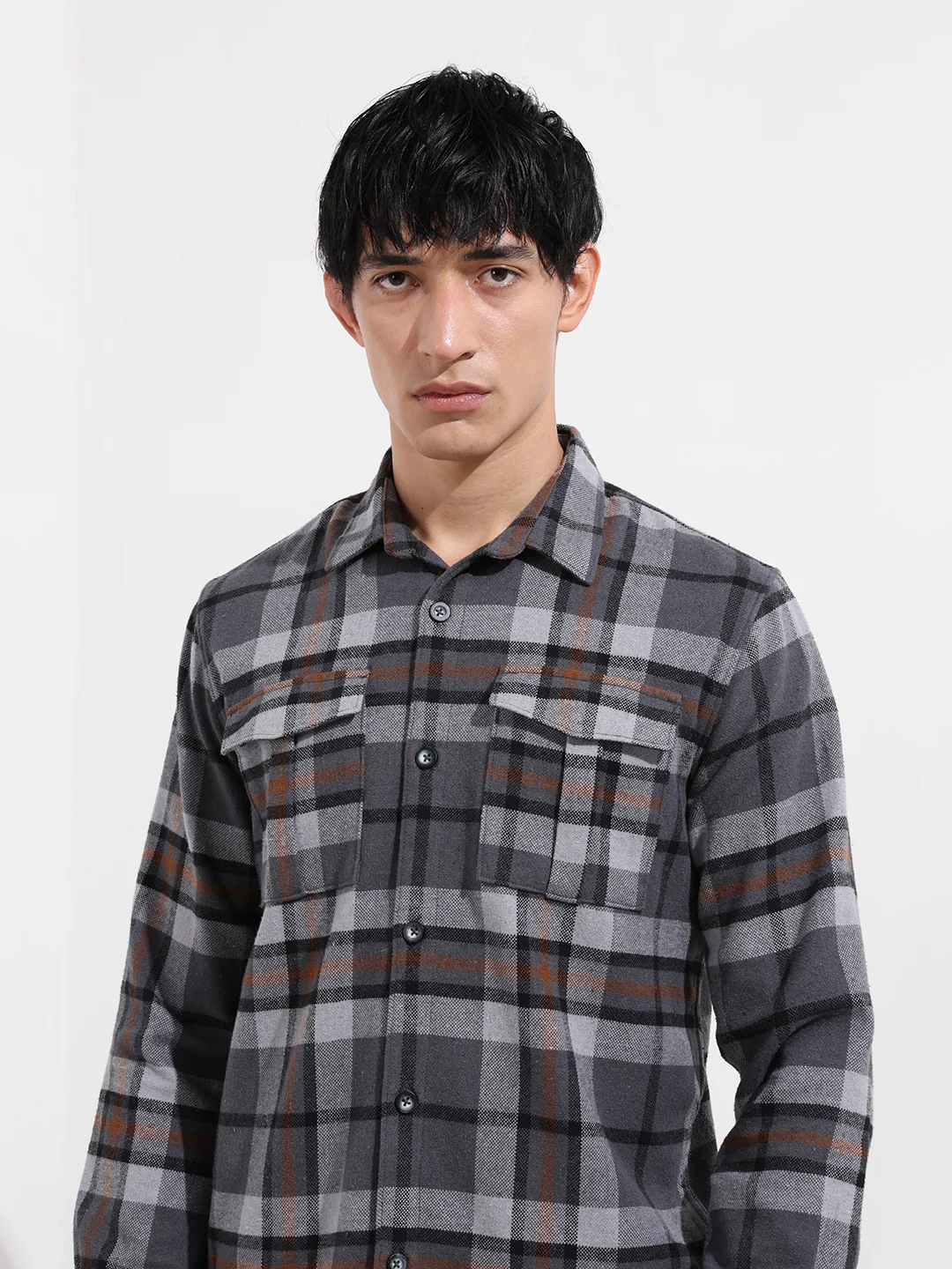 Men's Grey Regular Fit Checkered Casual Shirt - Image 6