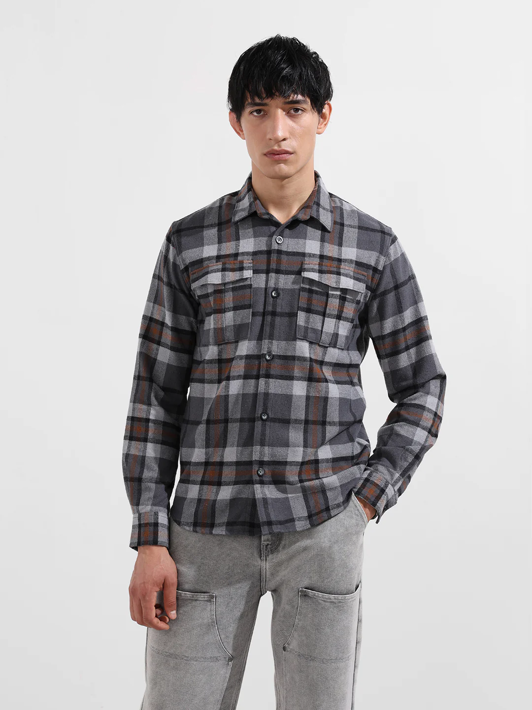 Men's Grey Regular Fit Checkered Casual Shirt - Image 8