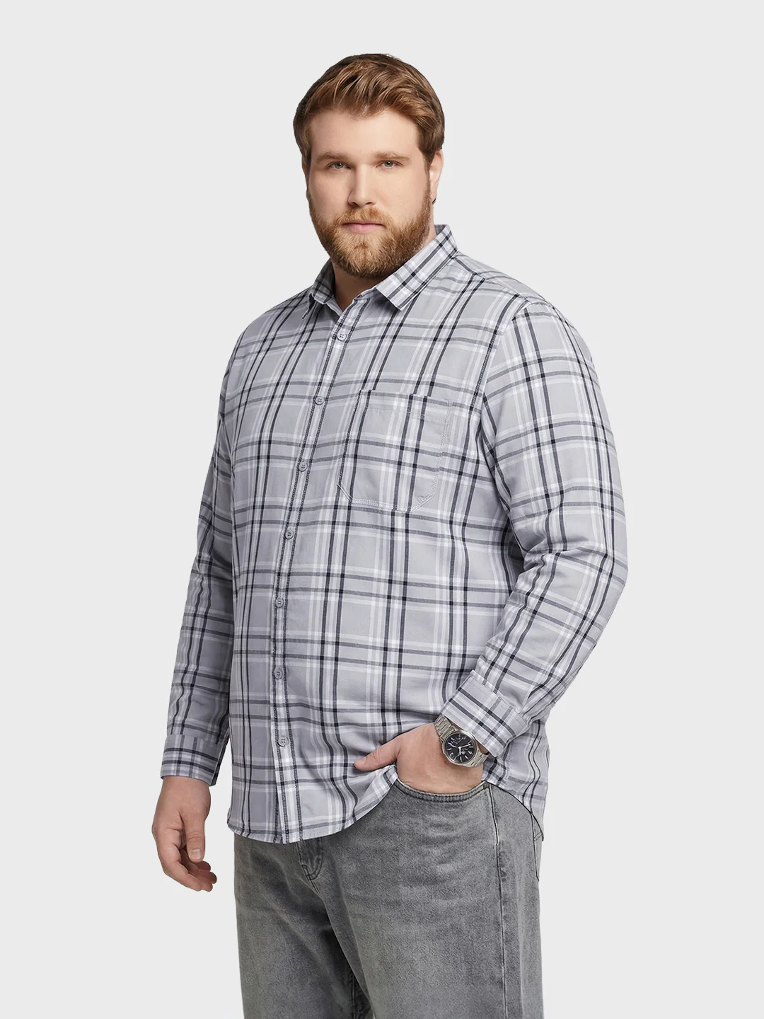 Men's Grey Regular Fit Checkered Casual Shirt - Image 2