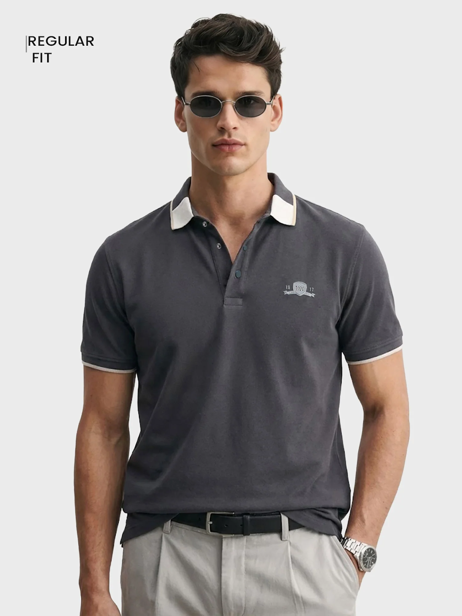 Men's Grey Regular Fit Embroidered Casual T-Shirts - Image 2