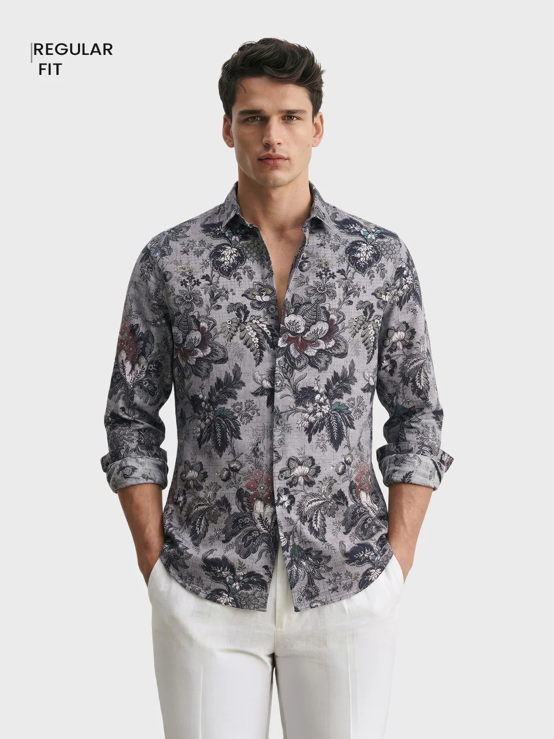 Men's Grey Regular Fit Printed Casual Shirt - Image 2