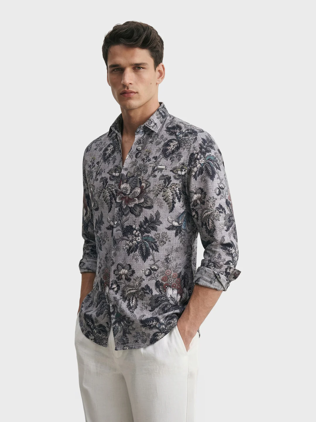 Men's Grey Regular Fit Printed Casual Shirt - Image 4