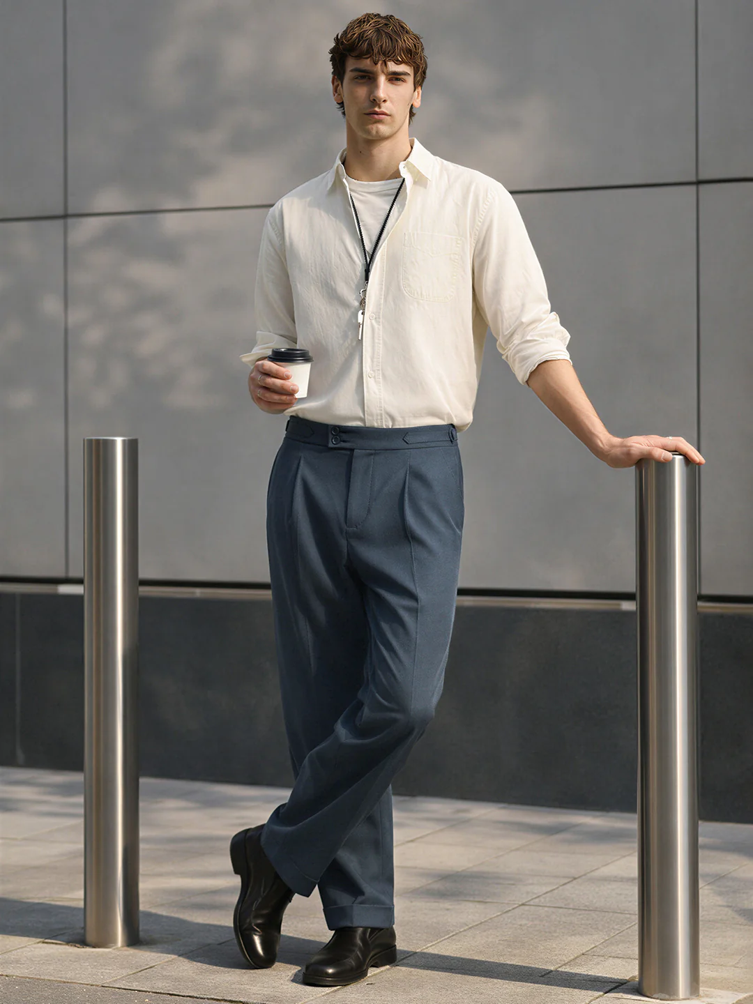 Men's Grey Regular Fit Solid Casual Trousers - Image 3