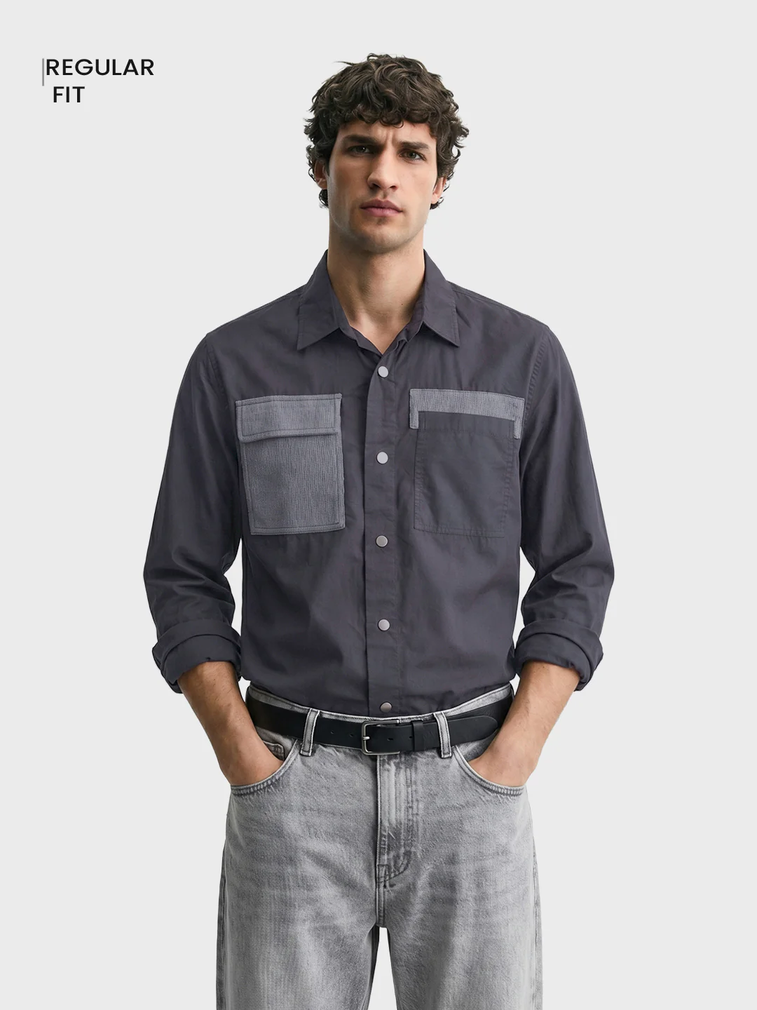 Men's Grey Regular Fit Solid Utility Shirt - Image 2