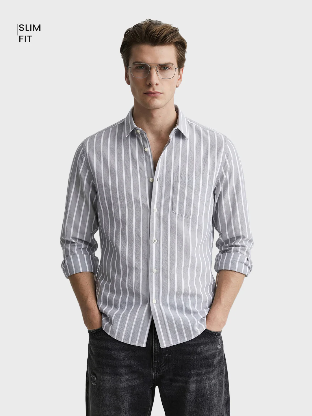 Men's Grey Slim Fit Striped Casual Shirts - Image 2