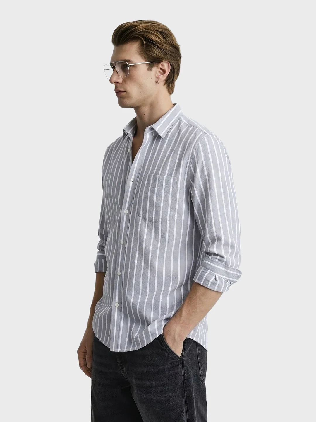 Men's Grey Slim Fit Striped Casual Shirts - Image 4
