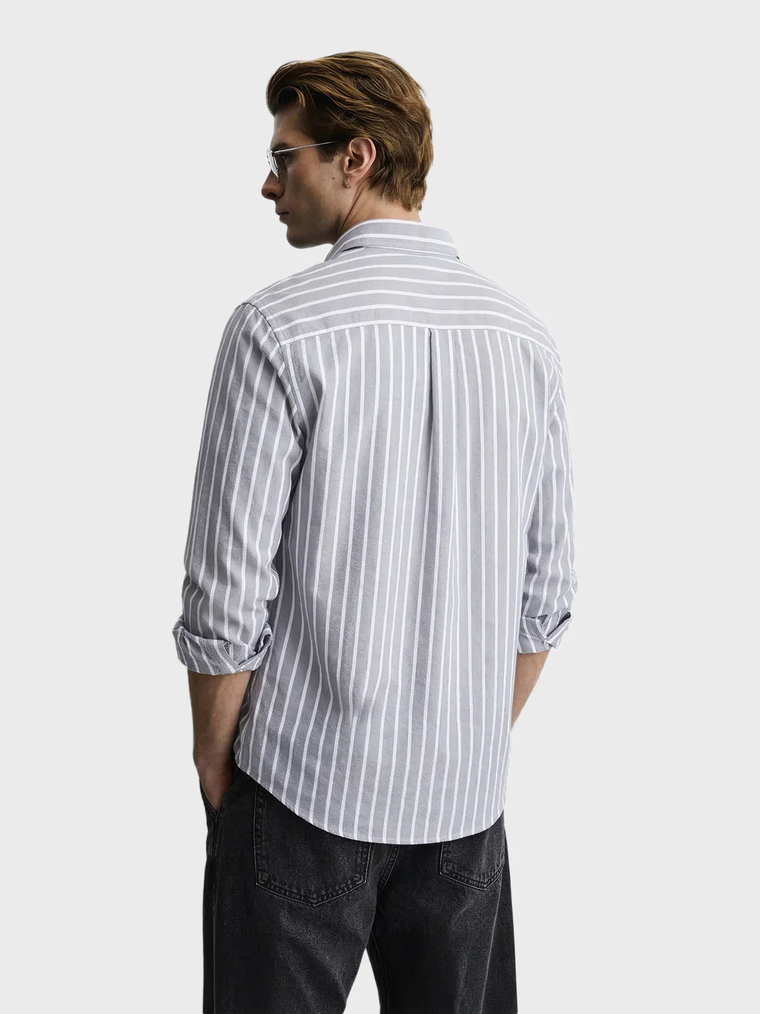 Men's Grey Slim Fit Striped Casual Shirts - Image 5