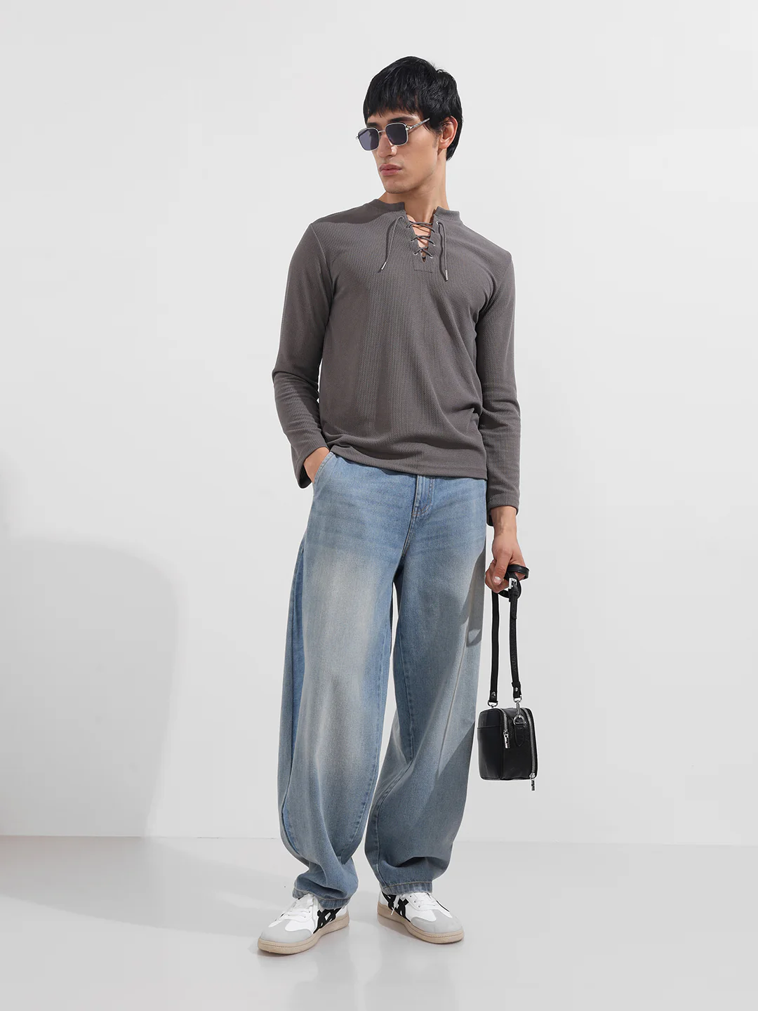 Men's Grey Regular Fit Textured Casual T-Shirt - Image 2