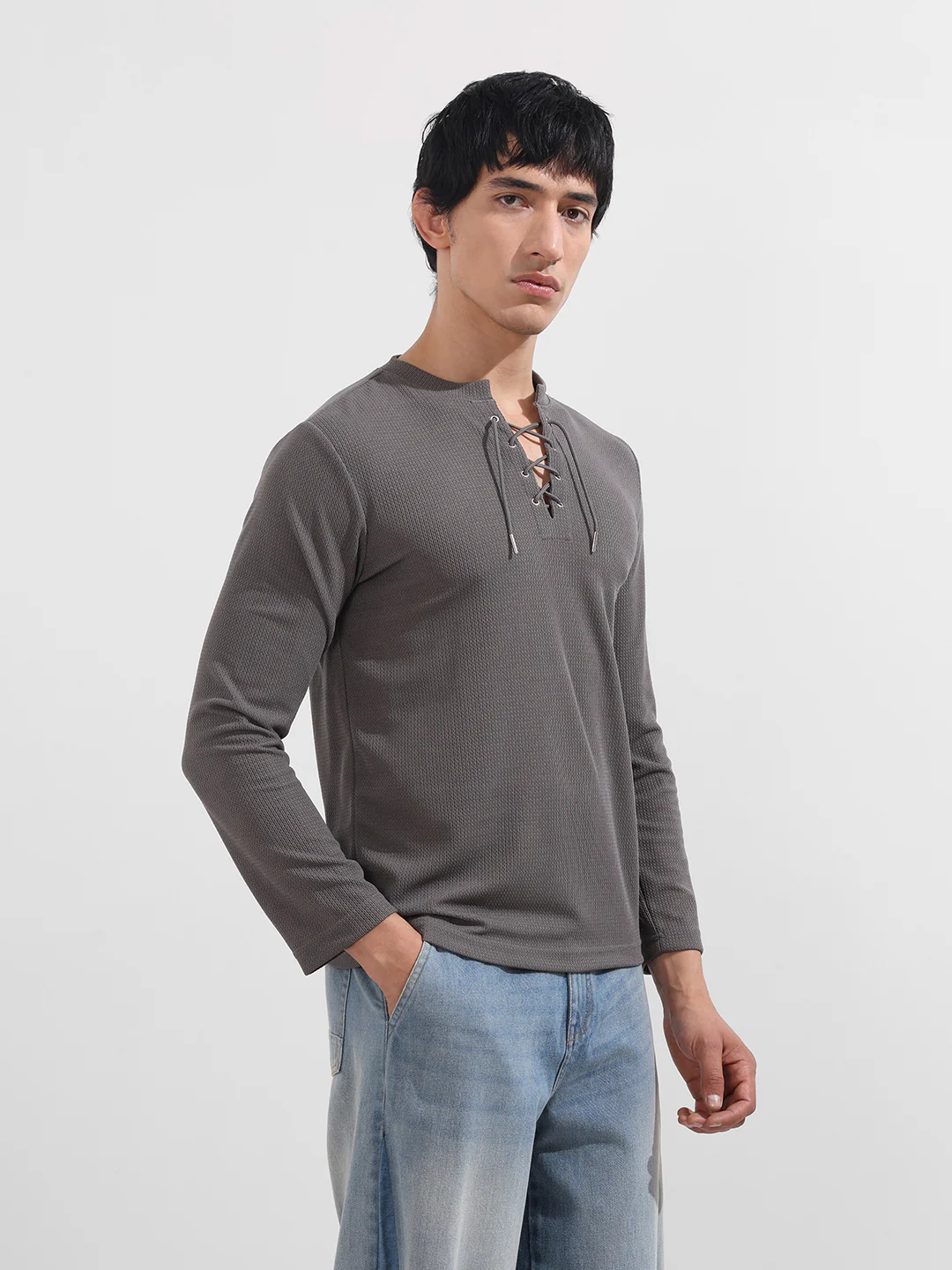 Men's Grey Regular Fit Textured Casual T-Shirt - Image 4