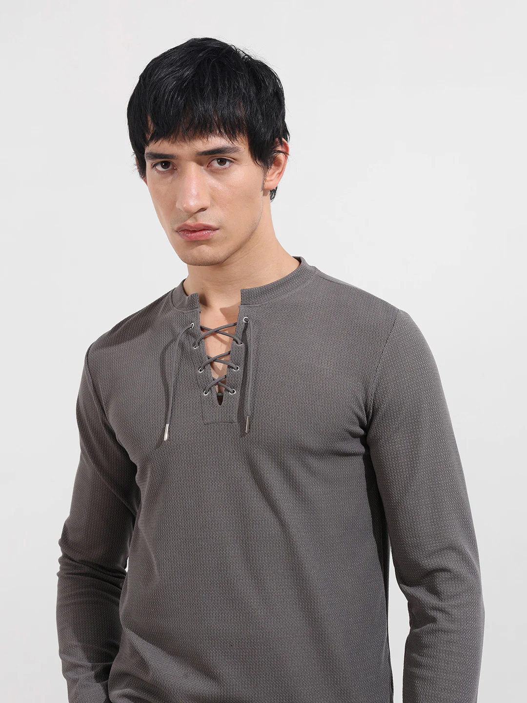 Men's Grey Regular Fit Textured Casual T-Shirt - Image 5